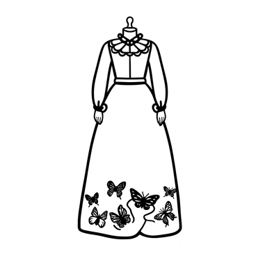 A luxurious silk Victorian dress displayed on a mannequin, featuring intricate moth embroidery along the hem. The dress has a high neckline with ruffled details and long, flowing sleeves. The embroidery showcases a variety of moths, each with distinctive patterns and textures, artistically arranged to create a harmonious design. The fabric drapes elegantly, allowing the folds and creases to be highlighted, while a soft light accentuates the delicate craftsmanship of the embroidery.