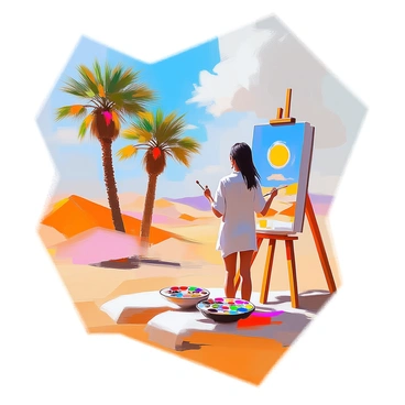 An artist with light skin and dark hair, standing in front of an easel, is painting a vibrant landscape. The canvas displays a bright blue sky with wispy clouds and a golden sun hanging above a vast desert. Tall date palms, with lush green fronds, are scattered throughout the sandy terrain. The artist is using a palette filled with various colors, and small paintbrushes are visible in their hand. The scene around them is tranquil, with soft shadows cast by the palms on the warm desert sand.