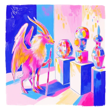 A figure of "Baphomet" with goat-like features stands in an art gallery. The creature has a humanoid body and large wings, holding a staff in one hand. It is examining a series of "abstract sculptures" of varying shapes and sizes displayed on pedestals. The sculptures are made of polished metal and glass, reflecting light in vibrant colors. The gallery walls are adorned with patterns and soft lighting highlights the artwork, creating an atmosphere of intrigue and contemplation.