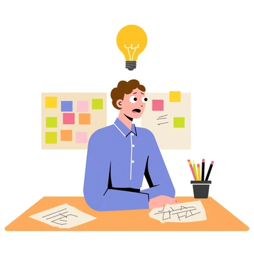 A person with short brown hair, wearing a blue shirt, is sitting at a wooden desk with papers scattered around. Above their head, a glowing yellow light bulb emits a warm light, symbolizing inspiration. The person's eyes are wide open, and their mouth is slightly agape in surprise. In the background, there are colorful sticky notes pinned to a corkboard, and a cup filled with pencils sits on the desk. The overall scene conveys a sense of creativity and sudden realization.