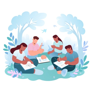 A group of learners is sitting on a patch of grass in a lush forest. They have sketchbooks open on their laps, filled with illustrations of various plants and wildlife. There are several species of trees surrounding them, their leaves creating a dappled light effect on the ground. One learner is focused on sketching a delicate flower, while another is capturing the details of a nearby insect. Various colors of plants are present in the foreground, including ferns and wildflowers. A few birds can be seen perched on branches in the background, adding to the lively atmosphere of the scene.