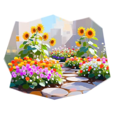 A beautifully organized garden featuring a diverse array of plants, including vibrant flowers and lush greenery. The garden includes tall sunflowers and delphiniums at the back, providing height and structure. In the middle, there are clusters of colorful daisies, petunias, and marigolds, arranged to create a stunning contrast of colors. At the front, low-growing plants such as pansies and ground cover bring a splash of color and texture to the edge of the garden. Pathways made of stone wind through the garden, inviting exploration and appreciation of the careful arrangement of plants.