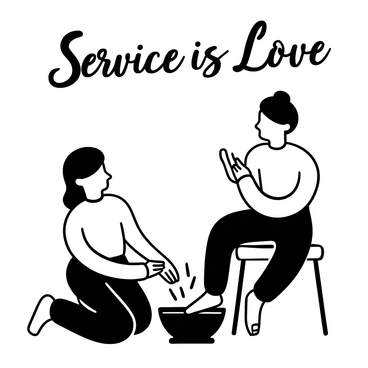 A person kneeling on the ground is gently washing another person's feet with a cloth. The kneeling figure is focused and attentive, while the other person is seated on a low stool, looking down towards their feet. A basin filled with water sits nearby, with small droplets splashing as the cloth touches the water. The surroundings are simple and sparse, emphasizing the act of service and humility. The words "Service is Love" are arranged elegantly above the scene.