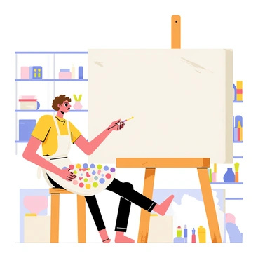 An artist is sitting on a wooden stool in front of a large, blank canvas resting on an easel. The artist has short brown hair and is wearing a white paint-splattered apron. The artist's face shows a contemplative expression, with furrowed brows and a slight frown as they look at the canvas. A palette filled with vibrant colors, including red, blue, yellow, and green, is resting on the artist's lap. Brushes of various sizes are scattered around, with some dipped in paint. The background contains a well-organized art studio with shelves filled with art supplies and colorful paintings hanging on the walls.