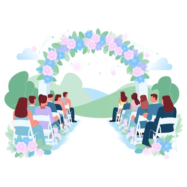 A wedding ceremony is taking place outdoors beneath a large floral arch adorned with an array of vibrant flowers in various colors. Guests are seated on white chairs arranged in neat rows facing the arch. The scene is filled with greenery, with trees and shrubs in the background, enhancing the festive atmosphere. A soft breeze rustles the flowers, adding a gentle movement to the setting. Decorative elements such as small flower arrangements are placed on the chairs, completing the elegant setup. The sky above is clear with a subtle gradient of pastel colors reflecting the joyful ambiance of the occasion.