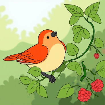 A small bird perched on a raspberry vine surveying the surroundings