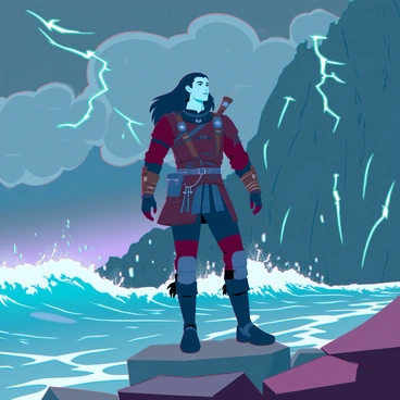 A witcher standing on a rocky, stormy coast, looking out at the turbulent sea