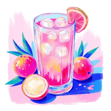 A refreshing glass filled with lychee juice is prominently displayed. The juice has a light pink hue and is topped with several clear ice cubes that glisten in the light. A slice of fresh lychee is elegantly placed on the rim of the glass, adding a vibrant touch. The background features a subtle arrangement of additional lychees, enhancing the overall composition.