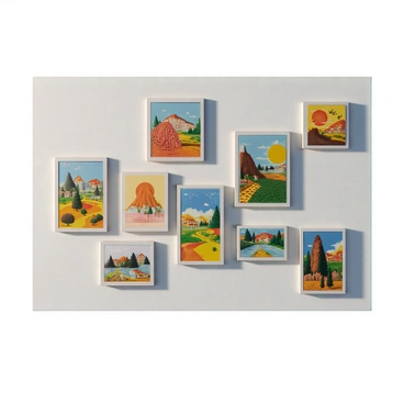 A wall featuring a variety of illustration boards in different sizes, each showcasing distinct pieces of artwork. The boards are arranged in an aesthetically pleasing manner, with some rectangular and others square. Each artwork displays bold colors and intricate designs, ranging from abstract patterns to detailed landscapes. The wall itself is a neutral color, enhancing the vibrancy of the illustrations. Natural light casts soft shadows over the boards, highlighting the textures of the art and the edges of the illustration boards.