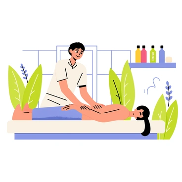 A sports massage therapist is working in a bright, inviting room filled with greenery. The therapist has short dark hair and is wearing a professional uniform. The massage table is covered with a soft white sheet. On a nearby shelf, there are several colorful bottles of essential oils arranged neatly. The therapist is applying a soothing massage technique on a client lying on the table, who has short hair and is relaxing with eyes closed. There are delicate wisps of lavender and eucalyptus scents illustrated in the air, enhancing the holistic atmosphere of the session. A large window lets in natural light, casting a warm glow throughout the room.