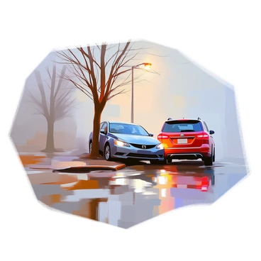A car crash in the early morning fog with hazy surroundings