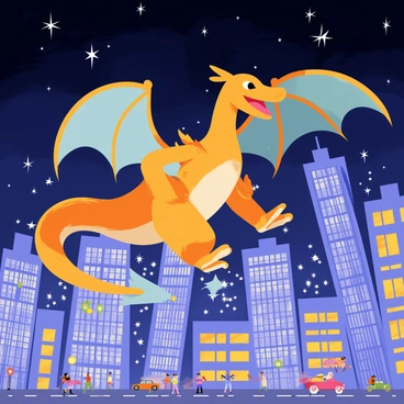 Charizard flying over a bustling city skyline under a starry night sky