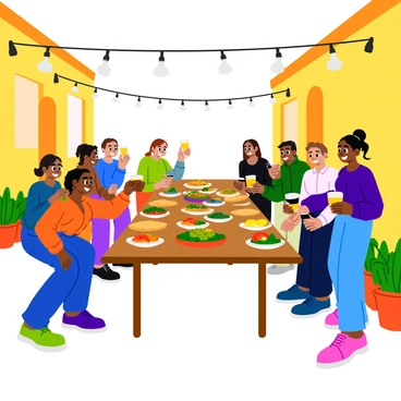 A diverse group of people of various ethnic backgrounds is gathered around a long wooden table. The table is filled with an array of colorful dishes, including salads, bread, and fruits. Each person is engaged in lively conversation, smiling and laughing. Some are serving food to one another, while others are raising their glasses in a toast. The alley is lined with string lights overhead, adding warmth to the scene. Potted plants and hanging decorations are set along the edges of the alley, enhancing the inviting atmosphere.