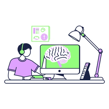 A digital artist is seated at a modern desk, focused on creating a 3D model of a human brain on a computer. The artist has short hair and is wearing a casual t-shirt and headphones. The computer screen displays a detailed 3D rendering of the brain, showcasing various textures and colors. Surrounding the desk are art supplies, including sketchbooks and pens. A digital drawing tablet rests nearby, and a soft light illuminates the workspace, highlighting the artist's concentration and creativity.