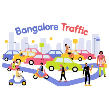 A humorous cartoon depicting the infamous traffic of Bangalore. The scene features a chaotic street filled with colorful cars in various shapes and sizes, honking loudly. There are several scooters weaving in and out of the line of cars, with riders wearing bright helmets and exaggerated facial expressions. Pedestrians are crossing the road, some holding shopping bags and others looking frustrated while waiting for a chance to pass. The background includes tall buildings and street signs, adding to the bustling atmosphere of the city. "Bangalore Traffic" is written in bold, playful lettering across the top of the image.