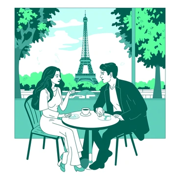 A teal couple is seated at a small round table outside a white Parisian sidewalk café. They are enjoying steaming cups of coffee, with delicate floral cups resting on the table. The woman has long hair styled elegantly, wearing a light dress, while the man sports a stylish jacket and relaxed demeanor. In the background, the Eiffel Tower rises against a clear sky, framed by lush green trees. Soft sunlight filters through the leaves, creating a warm and inviting atmosphere around the café.