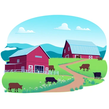 A rustic farmhouse with weathered wooden siding and a sloping roof, surrounded by lush green fields. In the foreground, there is a large red barn with a white roof, standing prominently against a clear blue sky. In the distance, several grazing animals, including brown and black cattle, are scattered across the rolling hills. A dirt path leads from the farmhouse to the barn, lined with wildflowers and tall grass. The sun casts soft shadows, adding depth to the tranquil scene.
