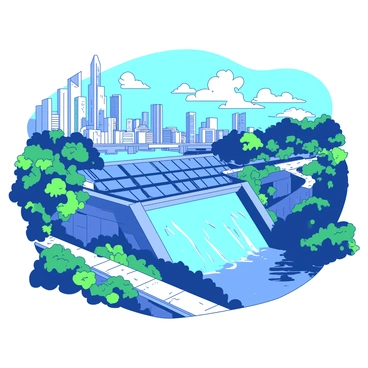 A duotone cityscape features a futuristic city with sleek skyscrapers in the background. In the foreground, there is an advanced dam with large solar panels integrated into its structure. The dam harnesses energy, reflecting sunlight. Lush greenery surrounds the dam, with trees and plants cascading over its sides. Pathways lined with vibrant vegetation lead up to the dam, creating a harmonious blend of technology and nature in this urban environment.