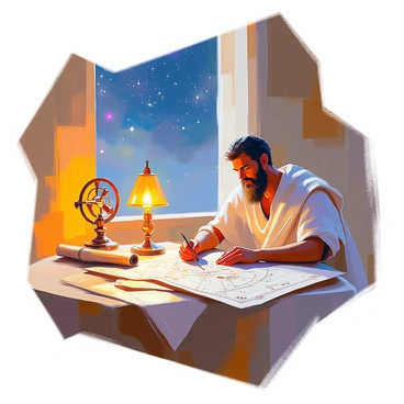 An ancient Greek astrologer with medium skin and a long, flowing beard is intently studying the stars using a detailed celestial map. He is wearing a traditional toga, decorated with intricate patterns along the edges. The astrologer is seated at a wooden table, illuminated by the soft glow of an oil lamp, which casts gentle shadows. The celestial map is spread out before him, filled with intricate illustrations of constellations and celestial bodies. A few ancient scrolls are piled nearby, and an ornate astrolabe rests beside the map, showcasing the tools of his craft. The night sky is visible through an open window, dotted with twinkling stars.