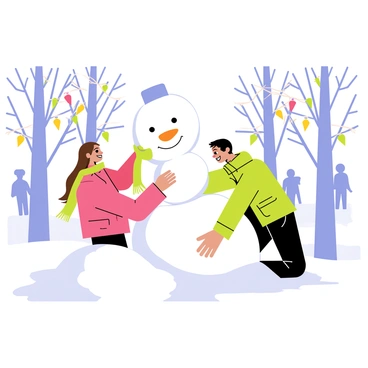 A couple building a snowman in a snowy park, surrounded by twinkling lights and laughter.