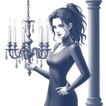 A woman with wild, dark hair stands confidently, holding a large, ornate gothic chandelier. The chandelier features intricate metalwork with detailed designs and multiple candle holders, some lit, casting long shadows on the nearby surface. The woman's expression is intense, reflecting her powerful persona. The setting has an old-world feel, with dark, rich textures surrounding her, accentuating the dramatic atmosphere created by the chandelier's shadows.
