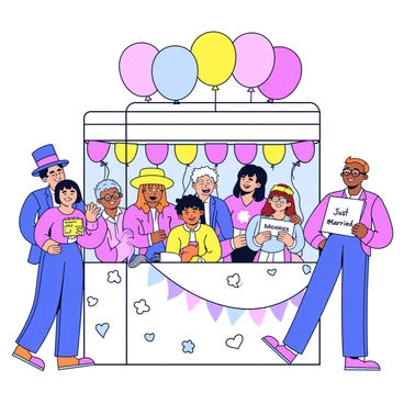 A wedding photo booth with a colorful backdrop decorated with hearts and flowers. The booth is filled with various props such as oversized glasses, feather boas, and funny hats. Several guests are gathered around, laughing and posing for pictures. One guest is wearing a top hat while another holds a sign that says "Just Married." Balloons in pastel colors are floating above the booth, adding to the festive atmosphere.