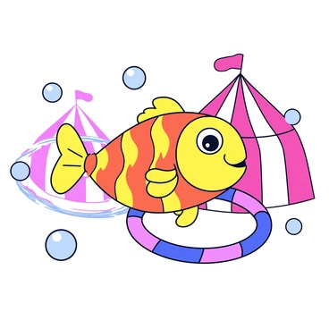 A cartoon fish with bright orange and yellow scales is jumping through a series of colorful hoops. The fish has big, friendly eyes and a wide smile. Surrounding the fish are shimmering bubbles of various sizes, floating in the air. The background features a simple circus setting with striped tents in red and white, enhancing the playful atmosphere of the performance.