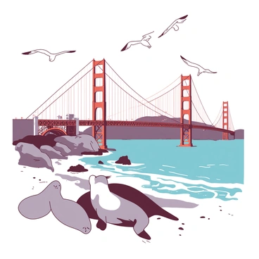 A group of white seagulls is soaring gracefully in the sky near the base of the Golden Gate Bridge. Below, a couple of gray seals are lounging on the rocky shore, their smooth bodies glistening in the sunlight. The iconic orange towers of the Golden Gate Bridge rise majestically in the background, partially shrouded in light fog. The scene is lively, with waves gently lapping at the rocks below, and some small pebbles scattered along the sandy area. The overall atmosphere captures the essence of wildlife thriving in a coastal area.