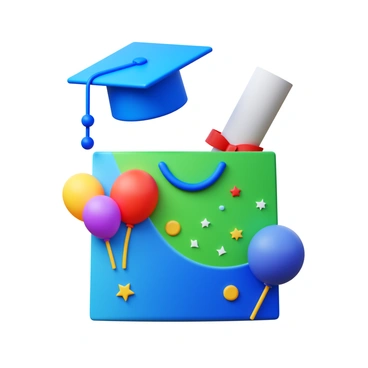 A gift bag with a colorful design, featuring a graduation cap partially visible at the top. Next to the cap, a rolled diploma secured with a ribbon is peeking out from the bag. The bag is adorned with celebratory motifs such as stars and balloons. The background suggests a festive setting, enhancing the graduation theme.