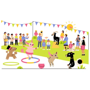 A vibrant outdoor pet show scene filled with various hilariously unusual animals. In the foreground, a long-eared rabbit wearing a tiny top hat hops through a colorful hoop, while a small pig in a tutu dances beside it. A parrot sits on a perch, holding a microphone and mimicking funny phrases, capturing the attention of the crowd. In the background, a group of children and adults watch, laughing and clapping, as a goat attempts to balance on a ball. Bright banners with the words "Pet Show" hang overhead, adding to the festive atmosphere. The sun shines down, illuminating the cheerful antics of the animals.