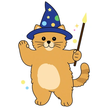 A cartoon-like illustration of a fluffy cat with large, expressive eyes and a playful demeanor. The cat is wearing a tall, pointed wizard hat decorated with stars and moons in bright colors. Its whiskers are long and prominent, adding to its whimsical appearance. The cat is standing upright on its hind legs, holding a shiny, elongated wand in one paw. The other paw is raised playfully as if casting a spell. The background features simple, colorful shapes to enhance the playful theme of the scene.
