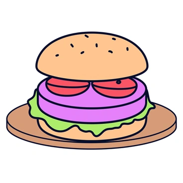 A beetroot veggie burger with a round patty featuring a rich purple hue. The burger is placed on a toasted whole grain bun. Crisp green lettuce leaves are layered beneath the top bun, and thick slices of juicy red tomato are positioned on top of the patty. A light drizzle of sauce glistens on the ingredients, enhancing the colors and textures. The burger is set on a simple wooden plate.