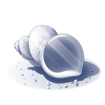 A close-up view of a conch shell resting on a sandy beach. The shell has a spiral shape with intricate patterns and textures visible on its surface. Sunlight is streaming through the translucent parts of the shell, creating a delicate interplay of light and shadow. The surrounding sand is fine and grains are scattered around, highlighting the natural setting.