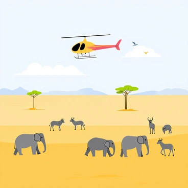 A helicopter flying high over a vast savannah landscape. The helicopter is painted in bright colors, soaring through a clear blue sky. Below, large herds of elephants and wildebeests roam freely across the golden grasslands. A few tall acacia trees provide shade in the distance. Various birds can be seen flying around the helicopter, adding to the lively atmosphere of the scene.