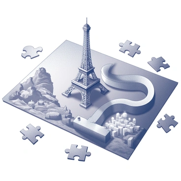 A jigsaw puzzle laid out on a wooden table, featuring interlocking pieces. The pieces depict various famous historical landmarks from around the world. In the center, there is a detailed illustration of "the Eiffel Tower," with its intricate iron lattice design visible. Nearby, "the Great Wall" snakes across the landscape, showing its stone structure climbing over hills and valleys. Other pieces include representations of landmarks such as "the Colosseum" and "the Taj Mahal," each captured with distinct architectural details. The puzzle pieces are scattered around, some partially fitted together, while others lie unassembled, inviting engagement.