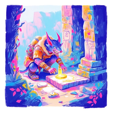 A brave skaven explorer with dark fur and sharp teeth is crouched among ancient ruins. He is wearing tattered leather armor adorned with various trinkets. The ruins are overgrown with vines and moss, revealing stone structures with intricate carvings. The explorer is carefully examining glowing artifacts, which emit a soft blue light, illuminating his features. In the background, shattered statues and crumbling pillars hint at the history of this forgotten civilization. A faint mist surrounds the scene, adding an air of mystery.