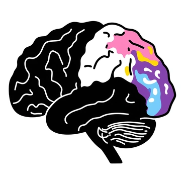 A brain shaped like a yin-yang symbol, with one side in black and white and the other a swirl of colors