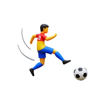 A soccer player in a dynamic pose, with one leg raised high, striking a soccer ball. The player is wearing a vibrant uniform with a number on the back. Lines representing the force of the kick extend from the player's foot, visually illustrating the direction and impact point of the ball. The soccer ball is depicted with a classic black and white pattern, rolling away from the player. The background is minimal to focus on the action of the player and the ball.