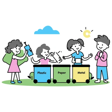A group of four children is sorting recyclable materials into three colorful bins in a sunny park. The first child, a girl with curly brown hair, is holding a plastic bottle and placing it in a green bin labeled "Plastic." The second child, a boy with glasses, is throwing a piece of paper into a blue bin labeled "Paper." The third child, a girl with pigtails, is holding a metal can, preparing to put it in a yellow bin labeled "Metal." The fourth child, a boy with short hair, is standing next to them, smiling and clapping his hands. The scene is set against a backdrop of green grass and trees under a clear blue sky.