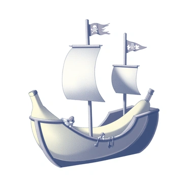 A banana boat designed to resemble a pirate ship. The boat features a curved banana shape, adorned with tiny sails that are hoisted on miniature masts. Each sail is decorated with distinct pirate flags fluttering in the wind. The boat's hull is detailed to resemble wood texture, with ropes and even a small crow's nest at the top of the mast. Tiny figures of pirates can be seen peering over the sides, adding to the playful theme of the vessel.