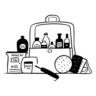 An open doula kit arranged on a flat surface, showcasing various tools. There are several bottles of "massage oils" with distinct labels, a large "birth ball" resting beside the kit, and packages of "calming teas" stacked neatly. Additional items include a "heat pack" and a "notebook" with a pen, all displayed in a way that emphasizes their use for support during childbirth.