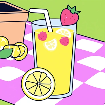 A tall glass filled with strawberry lemonade. The drink is a bright yellow color, with fresh strawberries floating on the surface. Ice cubes are visible, glistening in the sunlight. The glass has a straw and is placed on a checkered picnic blanket. In the background, there are hints of green grass and a picnic basket. A few lemon slices are resting on the rim of the glass.