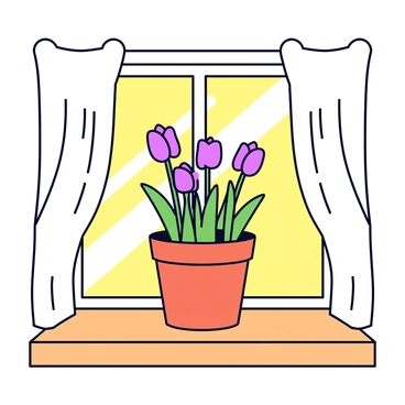 A potted crocus plant with vibrant purple flowers and green leaves sits on a wooden windowsill. The sunlight streams through the window, casting warm light across the plant and creating soft shadows on the surface. The pot is terracotta, adding a natural touch to the scene. The window itself is framed with white curtains that gently flutter in the breeze.