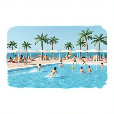 A vibrant beachfront swimming pool filled with clear blue water. A water polo game is in progress with two teams of players in colorful swimsuits. The players are energetically splashing water as they swim, passing a bright yellow water polo ball between them. On one side of the pool, a player is about to shoot the ball towards the goal, while another player jumps to block it. Spectators, including adults and children, are watching from the poolside, some sitting on colorful beach towels and others standing, enjoying the sunny day. Palm trees line the background, with a clear blue sky overhead.