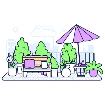 A rooftop garden features an array of plants in different shapes and sizes. In the center, there are several pots with green ferns and small flowering plants placed on a textured surface. A few tall plants are positioned against the railing, providing a natural screen. There is a small seating area with a wooden bench adorned with cushions, positioned under a vibrant umbrella. Beside the bench, a small table holds a watering can and a book. The scene has a peaceful atmosphere, with the cityscape visible in the background.