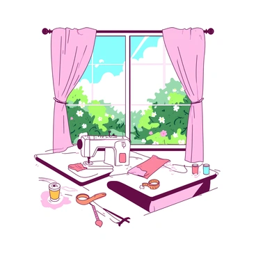 A white sewing room filled with natural light from a large sunny window overlooking a colorful garden. The window is framed with pastel curtains that gently sway in the breeze. On a wooden table in the center, there are various sewing tools arranged neatly, including a pair of orange scissors, colorful spools of thread, and a measuring tape. A small white sewing machine is positioned at one corner of the table, and a few fabric swatches in vibrant colors are scattered around. The garden outside is lush, with green plants and blooming flowers visible through the window.