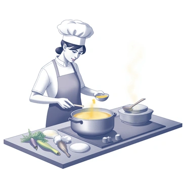 A kitchen scene filled with various utensils and ingredients laid out on a countertop. In the center, a cook stands, wearing an apron and a chef's hat. The cook is focused on a large pot on the stove, which is bubbling and releasing steam. The cook is holding a small bowl of turmeric powder, with one hand extended over the pot as they sprinkle the powder into it. Nearby, there are fresh vegetables and herbs, along with a wooden spoon resting against the edge of the pot. The kitchen is well-lit, emphasizing the activity taking place.
