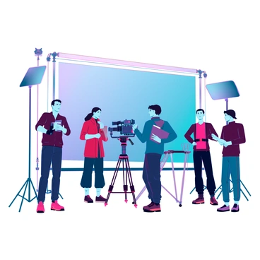 A group of adults collaborating on a movie set, showcasing a dynamic scene of creativity and production. In the foreground, a director with short hair and a clipboard is giving instructions to a cinematographer, who is adjusting a large camera on a tripod. Bright lights are mounted on tall stands, illuminating the scene with a warm glow. Crew members are seen setting up props and adjusting background elements. Behind them, a large film backdrop is stretched out, providing context for the shoot. Everyone appears focused and engaged in their respective tasks, embodying a bustling atmosphere of teamwork in filmmaking.