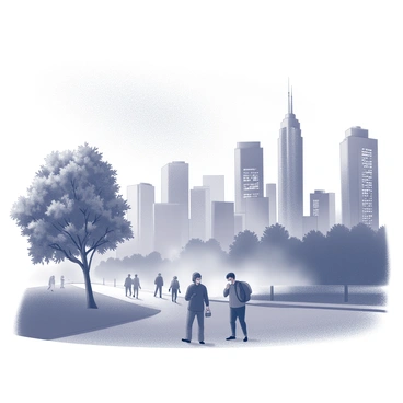 A cityscape shrouded in thick smoke and falling ash from a nearby forest fire. The skyline features tall buildings partly obscured by the haze, with some windows dimly illuminated. Citizens are seen moving through the streets, wearing masks to protect themselves from the dense air. The atmosphere appears heavy, as figures navigate the urban environment, some shielding their eyes from the swirling ash. In the foreground, a tree stands stark against the backdrop, its leaves dulled by the ashfall.