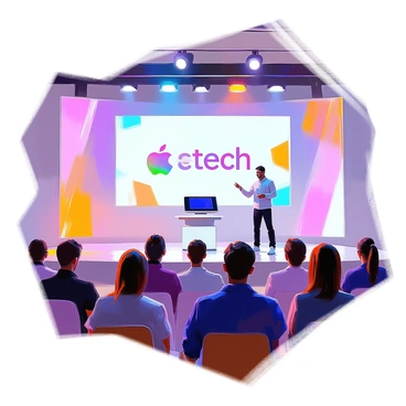 A tech company is unveiling a new gadget on a brightly lit stage. The stage features a large screen displaying the product's name in bold letters, surrounded by vibrant graphics. The audience is seated in front, capturing their attention with a mix of curiosity and excitement. Various lights illuminate the stage, creating dynamic patterns that enhance the atmosphere. A presenter stands confidently next to the gadget, gesturing towards it as the audience reacts with interest. The scene conveys a sense of innovation and anticipation for the new technology.